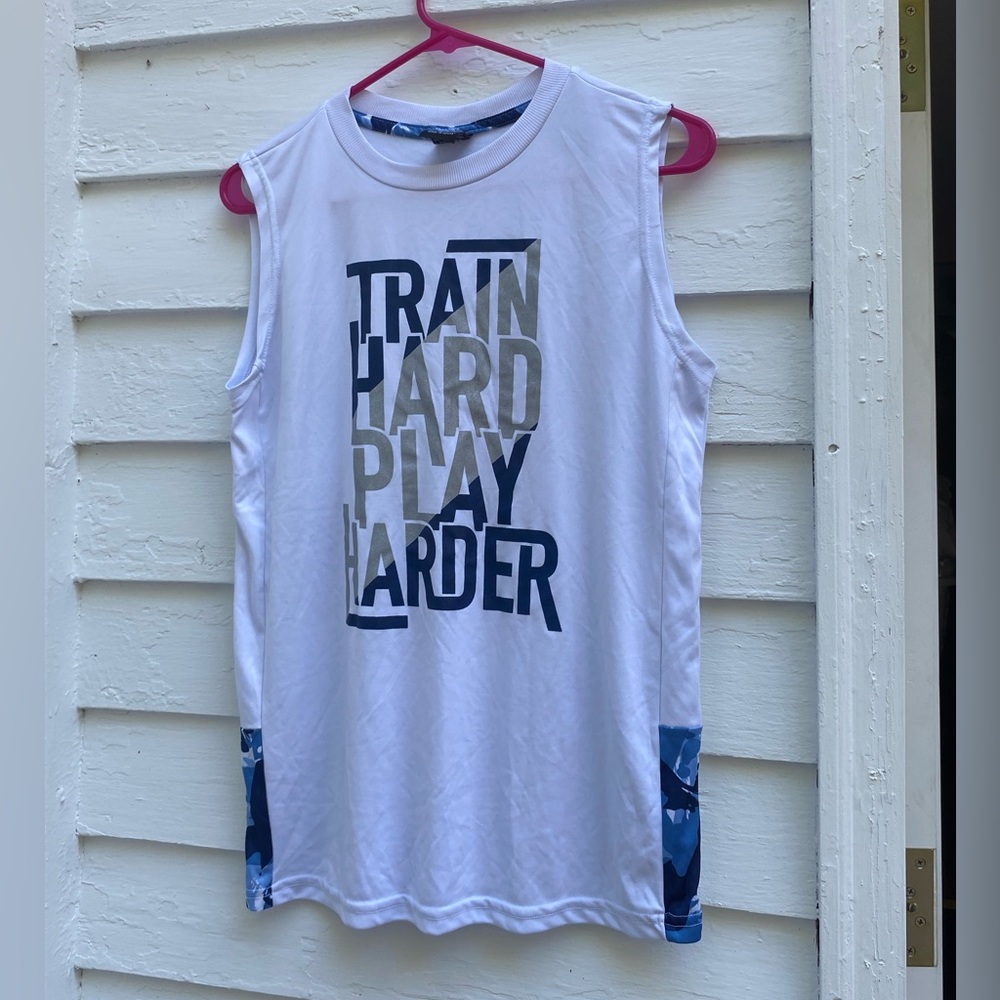 White and Blue Sporty Tank Top “Train Hard Play Harder” ⚽️🏀🏈⚾️🏉